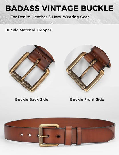 Mens Heavy Duty Full Grain Leather Belt - 1 1/2 Italian Genuine Leather with Sturdy Buckle for Jeans Casual Pants