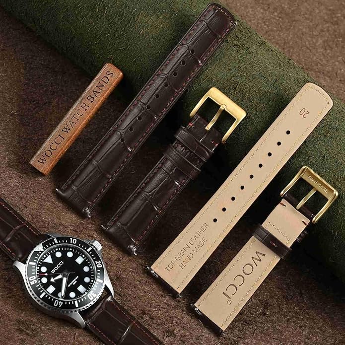 WOCCI Watch Bands, Top Grain Leather, Embossed Alligator Grain, Quick Release, Band Width 18mm 20mm 22mm