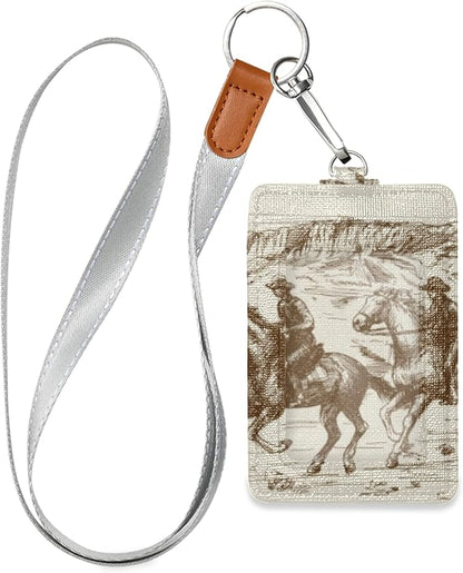 xigua ID Badge Holder with Removable Lanyard PU Leather Cards Holder for Office Men Women, Western Desert Cowboy