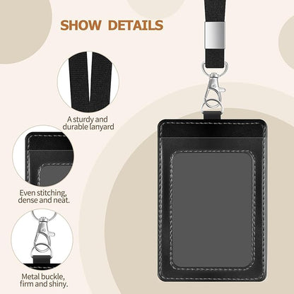 PU Leather ID Badge Holder Extra Thick ID Card Name Badge Holder with 1 Clear ID Window 1 Credit Card Slot for Office Staffs, Teachers/Students, Workers, Cruise Cards, Bus/Metro Cards (1 Pack Black)