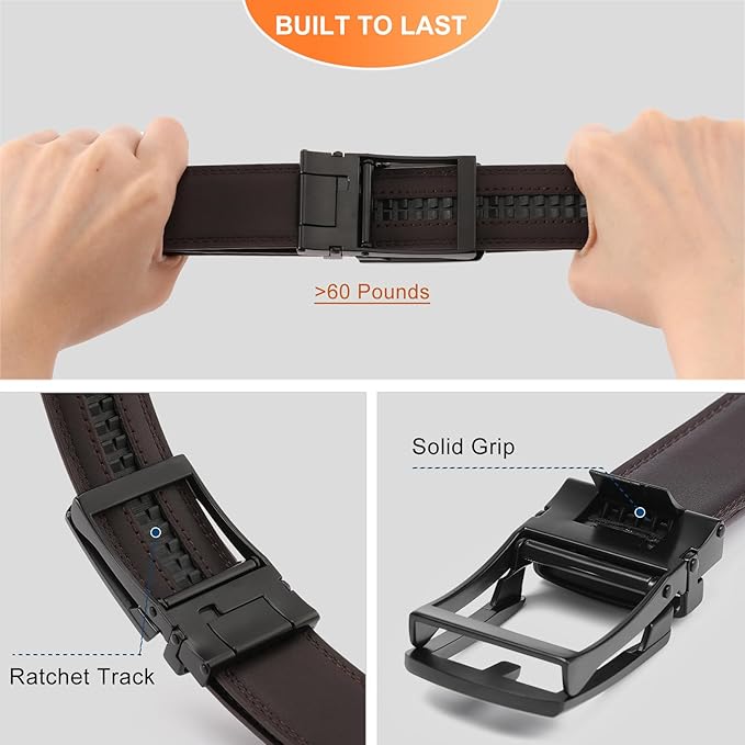 GAEKEAO Ratchet Belt for Men Genuine Leather 1 3/8" - Micro-Adjust Buckle Trim to Fit Dress Belt Casual to Formal Gift Boxed