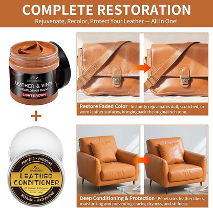 Leather Recoloring Balm with 100ml Mink Oil, Light Brown Leather Repair Kit and Scratch Remover for Furniture, Car Seats, Sofas, Dye & Restorer for Couches, Vinyl, PU, Faux