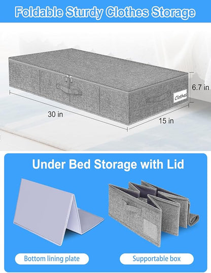 6.7-Inch Tall Under Bed Storage Container, Underbed Storage Bin w/Rigid Sides & Bottom, Large Under-Bed Clothes Organizer with Zippered Lid for Bedroom, Dorm, Sofa, 30x15x6.7 Inches, Gray