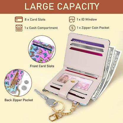 Jogjam Butterfly Rfid Women Wallet, Small Slim Thin Credit Card Wallet, PU Leather Bifold Cash Zipper Coin Pocket ID Window for Female Ladies Teen Girls Girly
