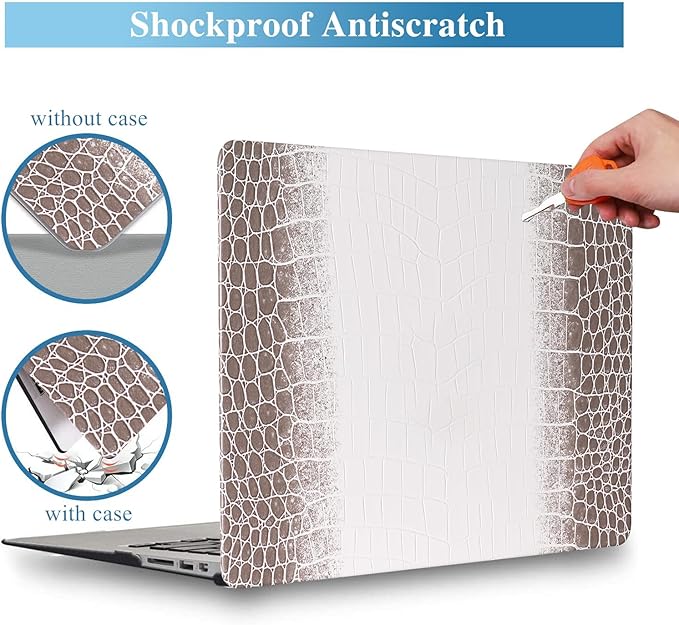 KEROM Compatible with Crocodile MacBook Pro 13 Inch Case 2026 2022-2016 M2 M1 A2338 A2289 A2251 A2159 A1989 A1706 A1708, Textured Aligator Skin Snakeskin PU Leather Case & Keyboard Cover, Brown White