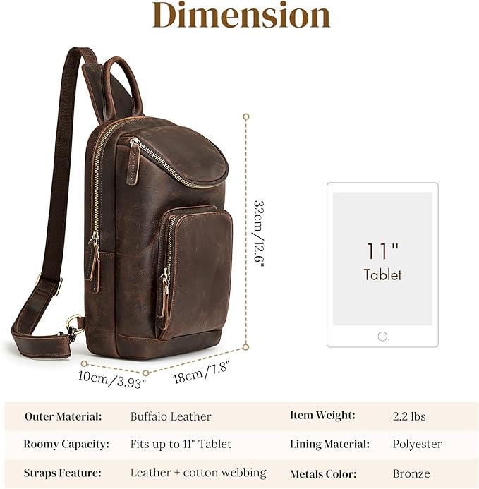 S-ZONE Sling Bag for Women Men Genuine Leather Vintage Crossbody Chest Bags Backpack Daypack Outdoor Travel