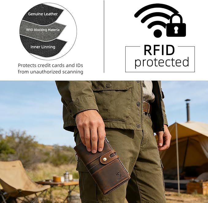 Genuine Crazy Horse Leather Travel Gift Coin Pocket Card Case Long Organizer Chain Rfid Wallet Purse With Snap For Men Male 1803 1815 (1815 Brown)