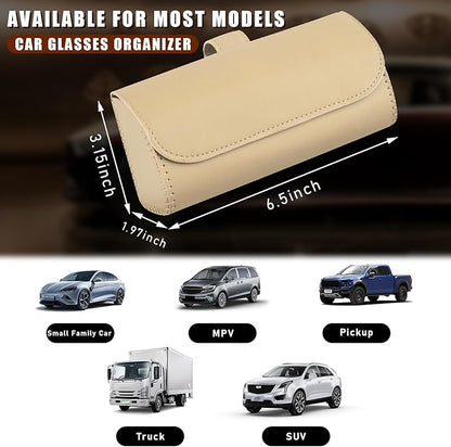 Augeny Sunglasses Holder for Car Sun Visor, Leather Auto Eyeglasses Storage Case with Hidden Magnetic Closure, Protective Glasses Organizer Box, Vehicle Visor Accessories for Woman Man (Beige)