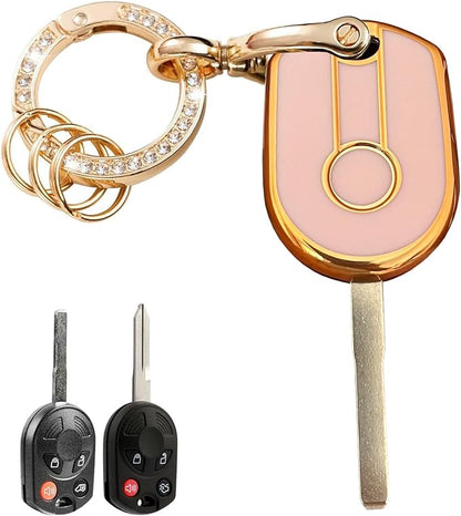 Keyless Entry Systems Key for Ford Key Fob Cover Shell with Keychain Fit for Ford Transit Mustang Fusion Lincoln Mercury Smart Key (4Buttons Gold-Pink)