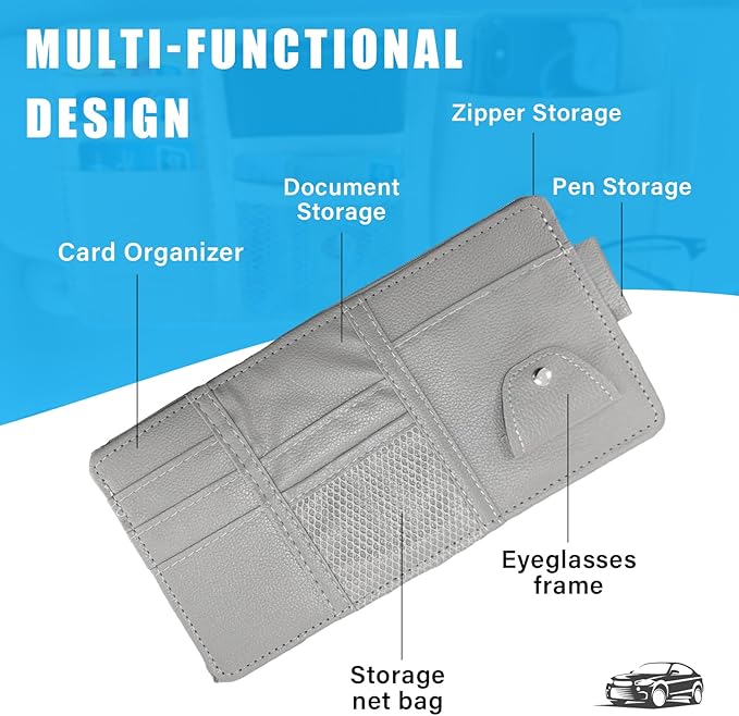 Augeny Car Sun Visor Organizer, Leather Personal Belonging Storage Pouch with Zipper, Car Visor Storage Pouch Sunglasses Holder, Auto Interior Accessories Pocket Organizers (Gray)