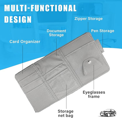 Augeny Car Sun Visor Organizer, Leather Personal Belonging Storage Pouch with Zipper, Car Visor Storage Pouch Sunglasses Holder, Auto Interior Accessories Pocket Organizers (Gray)