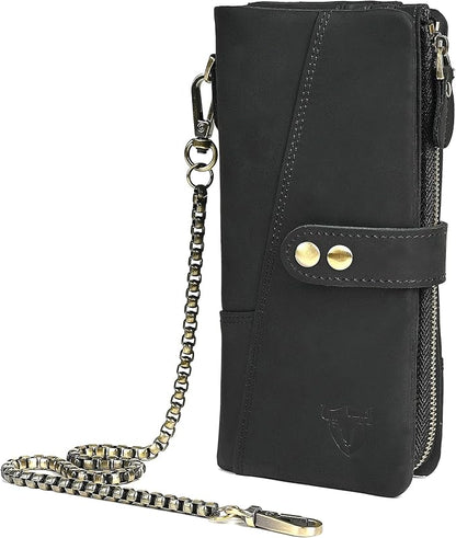 Genuine Crazy Horse Leather Travel Gift Coin Pocket Card Case Long Organizer Chain Rfid Wallet Purse With Snap For Men Male 1803 1815 (1803 The Black2)