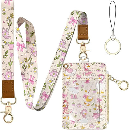 Cute Leather Badge Holder with Zipper Pocket, Goose Lanyards and 1 Zip Pocket and 4 Card Slots, Pink Bow Breakaway Lanyards with Metal Clasp for Offices, Staff, Adult, Employees