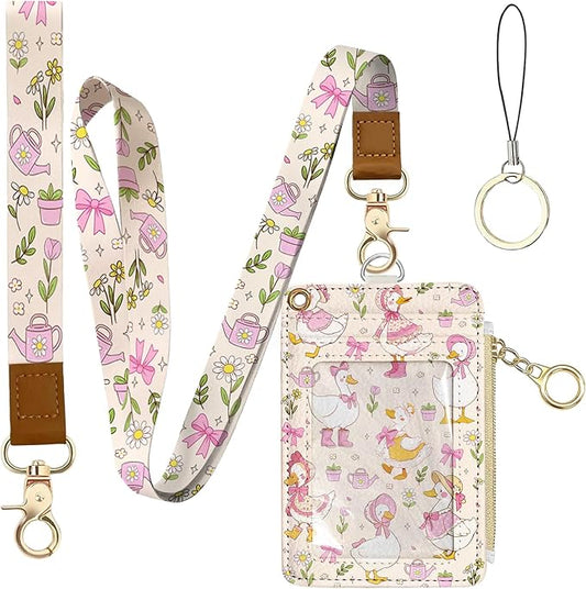Cute Leather Badge Holder with Zipper Pocket, Goose Lanyards and 1 Zip Pocket and 4 Card Slots, Pink Bow Breakaway Lanyards with Metal Clasp for Offices, Staff, Adult, Employees