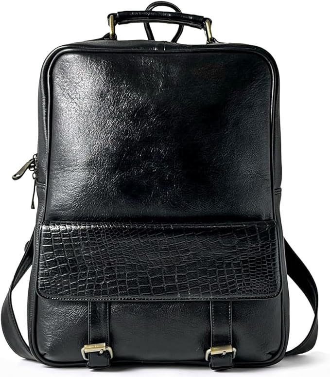 15.6" Luxury Black Leather Laptop Backpack for Men & Women. Leather Bag for Professional Use in Office & Business