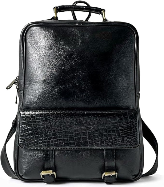 15.6" Luxury Black Leather Laptop Backpack for Men & Women. Leather Bag for Professional Use in Office & Business
