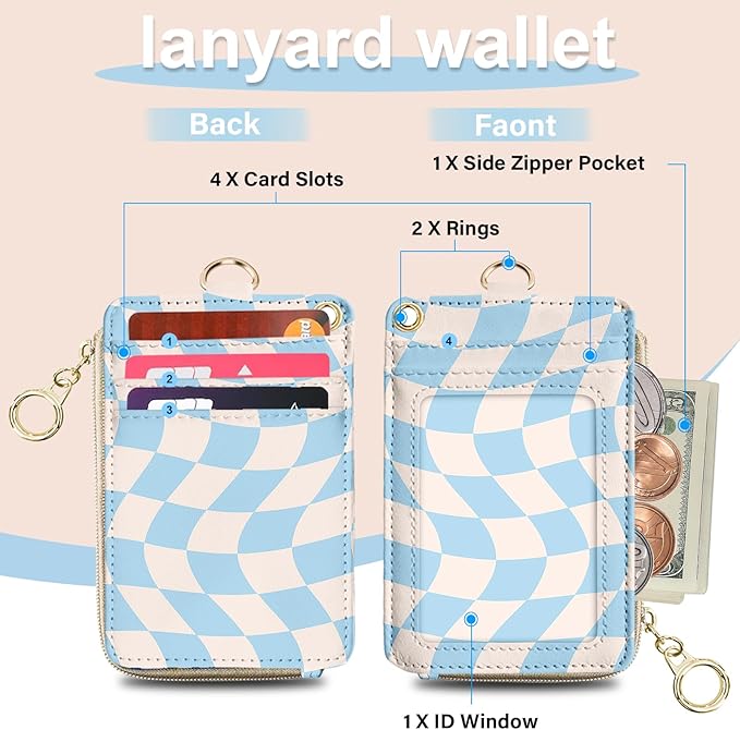 ID Badge Holder with Lanyard,Blue White Checkerboard Fashionable RFID Wallet Ring Keychain, PU Zip Wallet with Breakaway Lanyard Wristlet,Id Badge Holder for Women Teacher Nurse Office Gifts