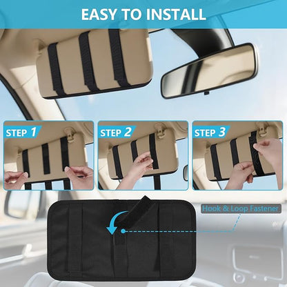 KENOBE Molle Car Sun Visor Organizer, Semi-Rigid Tactical Panel Caddy with Zipper Pouch and Glasses Clip for Car Accessories, Fits Most Vehicles, SUVs, Trucks, Black