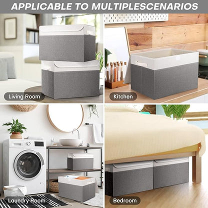 Bagnizer Large 17" 42 Quarts Collapsible Stackable Storage Bins with Lids [3-Pack] Foldable Fabric Linen Storage Boxes Cube, Closet Organizer Baskets with Label (16.7 x 12 x 12, Gray & White)