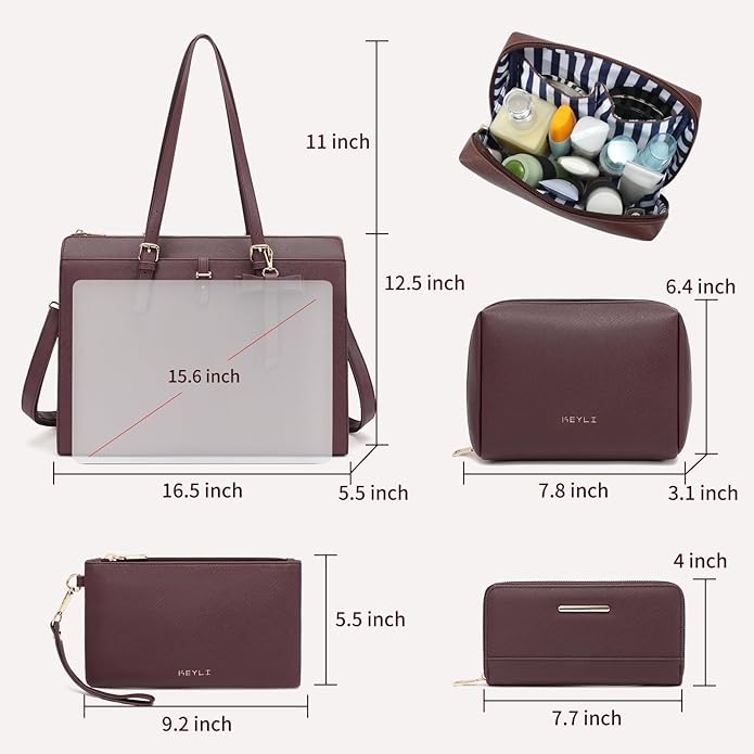 Keyli 4pc Sets Laptop Bag for Women Large Leather Laptop Briefcase with USB Charging Port Computer Shoulder tote Bags Purse