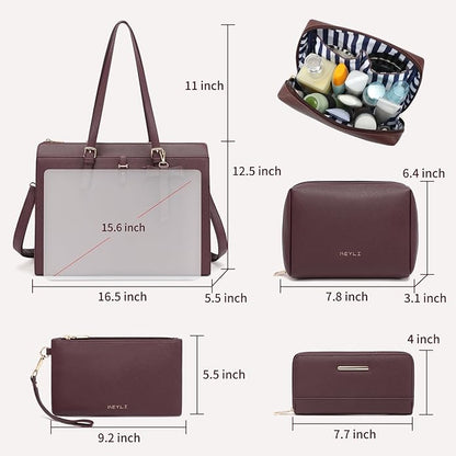 Keyli 4pc Sets Laptop Bag for Women Large Leather Laptop Briefcase with USB Charging Port Computer Shoulder tote Bags Purse