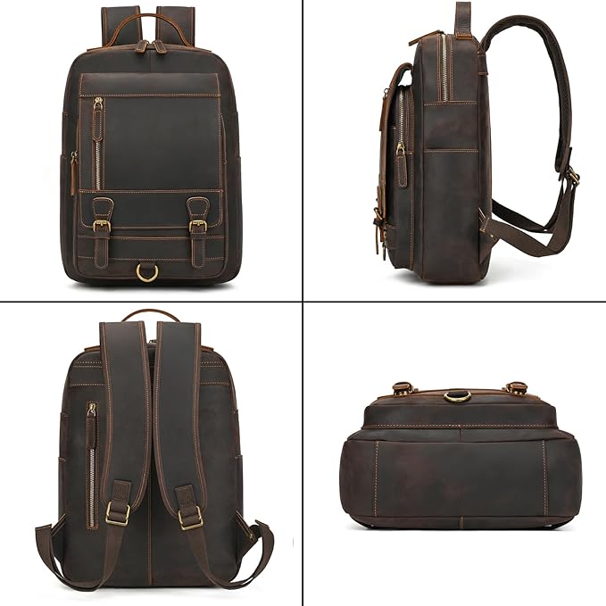 Vintage Full Grain Leather Backpack for Men, 16" Laptop Rucksack For Men Hiking Trave Work Business Bag, 1829 Dark Brown