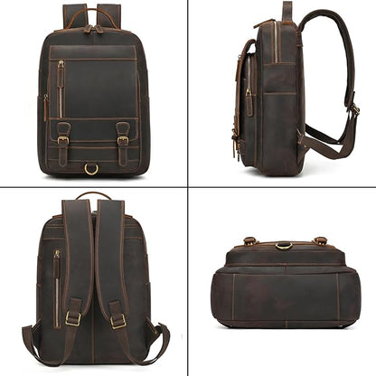 Vintage Full Grain Leather Backpack for Men, 16" Laptop Rucksack For Men Hiking Trave Work Business Bag, 1829 Dark Brown