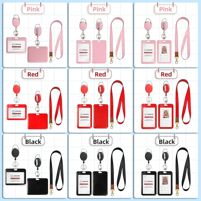 Badge Holder and Retractable Reel with Lanyard, Hard Plastic Key Card Work Badge Sleeve for Office School Factory Teacher Women Men (Pink, Horizontal)