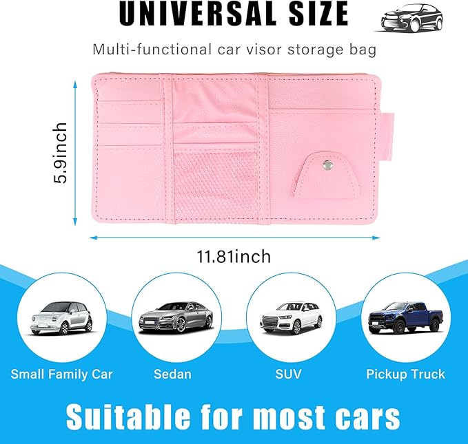Augeny Car Sun Visor Organizer, Leather Personal Belonging Storage Pouch with Zipper, Car Visor Storage Pouch Sunglasses Holder, Auto Interior Accessories Pocket Organizers (Pink)