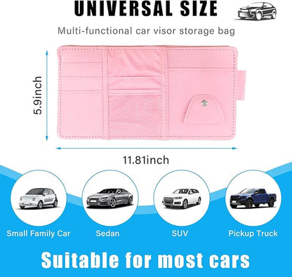 Augeny Car Sun Visor Organizer, Leather Personal Belonging Storage Pouch with Zipper, Car Visor Storage Pouch Sunglasses Holder, Auto Interior Accessories Pocket Organizers (Pink)