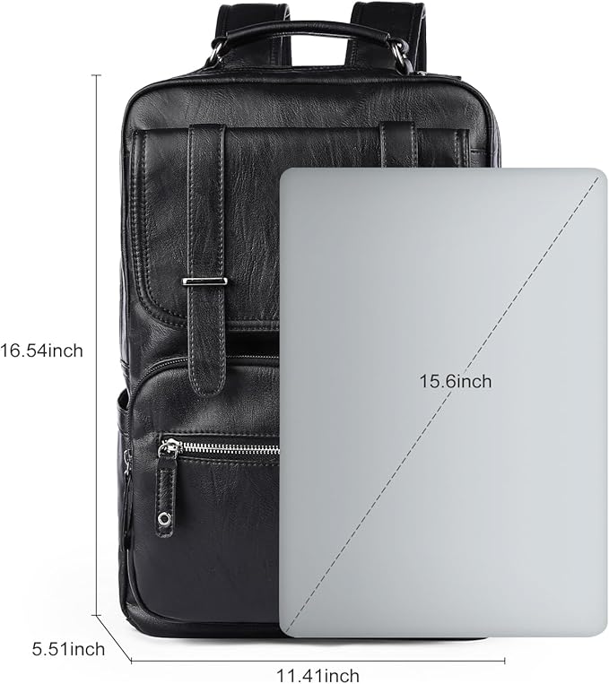 MOYYI Black Leather Backpack for Men Waterproof Fit 15.6 inch Laptop Backpack Work Commute Casual Daypack