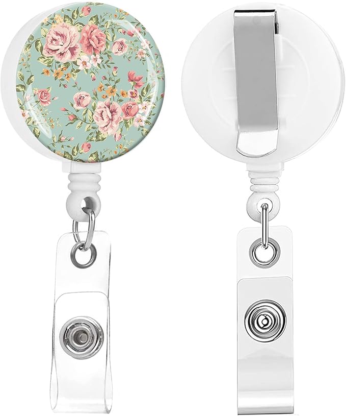 2 Pack Badge Reels Holder Retractable with ID Clip for Nurse Name Tag Card Nursing for Doctor Teacher Student Employee Office Medical Work (Green Flowers)