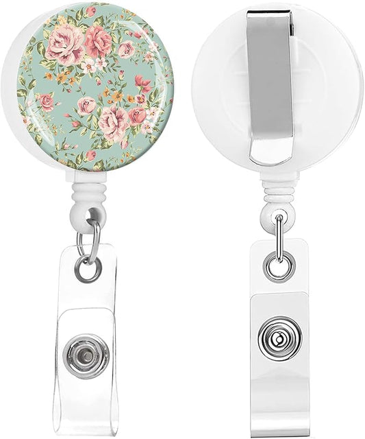 2 Pack Badge Reels Holder Retractable with ID Clip for Nurse Name Tag Card Nursing for Doctor Teacher Student Employee Office Medical Work (Green Flowers)