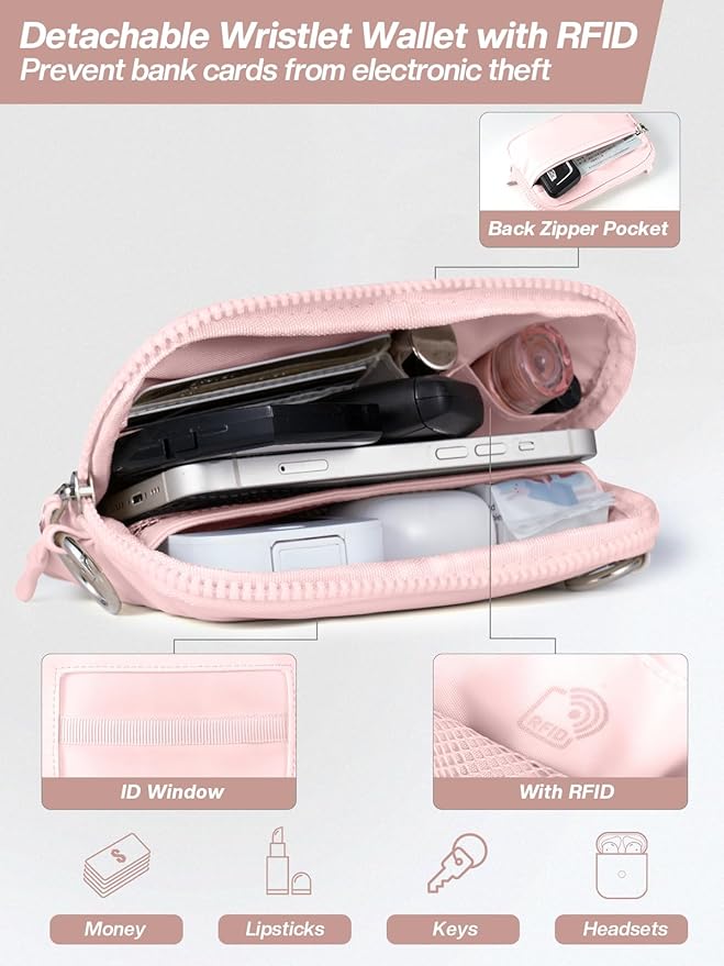 Tiostep Clip and Go Strap for Phone with Wallet Crossbody Phone Lanyard Adjustable and Detachable RFID Wristlet Wallet with ID Window and Zipper, Pink Large