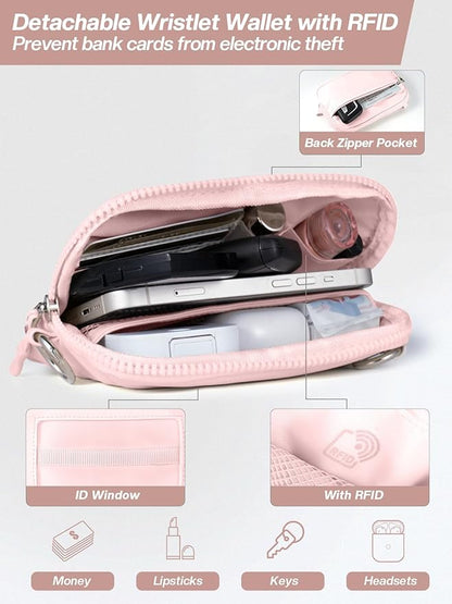 Tiostep Clip and Go Strap for Phone with Wallet Crossbody Phone Lanyard Adjustable and Detachable RFID Wristlet Wallet with ID Window and Zipper, Pink Large