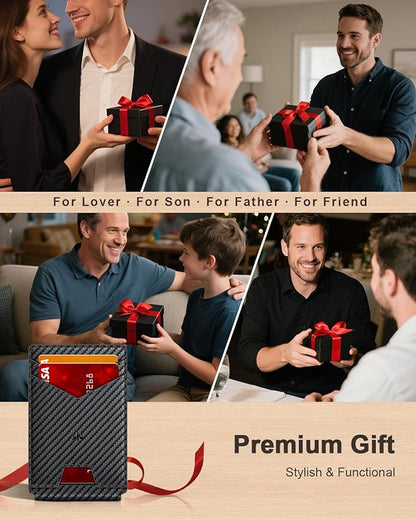 Wallet for Men, Slim Minimalist Wallet with Money Clip＆ID Window, RFID Blocking Pop-Up Credit Card Holder, Smart Auminum Mens Wallet Holds 9-13 Cards (Gift Box) (Carbon Fiber & Red)