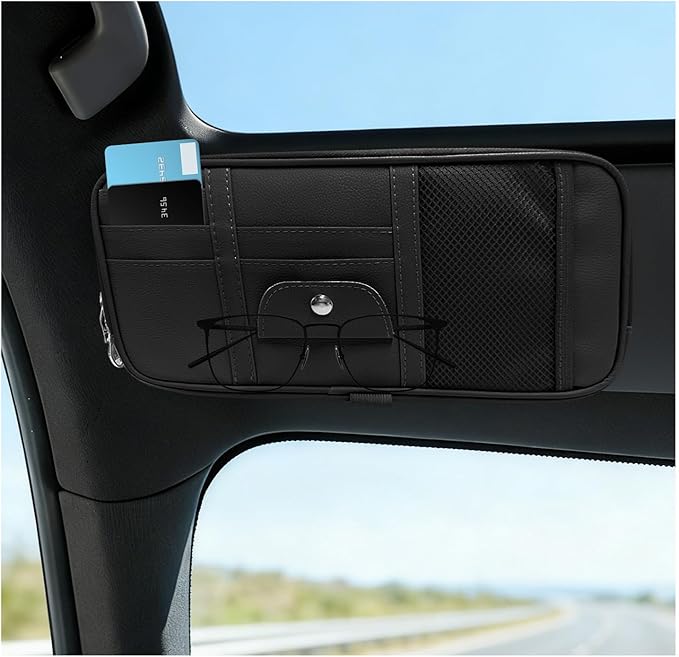 Car Sun Visor Organizer, Multi-Pocket Leather Auto Storage Pouch with Glasses Clip & Zippers, Multifunctional Sun Visor Storage Bag Ticket Organizer for Cars Trucks SUVs (Black)