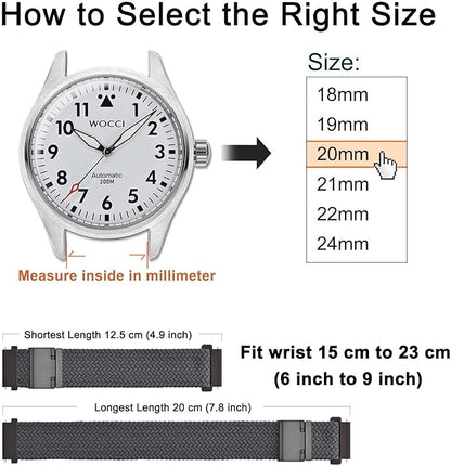WOCCI 19mm Braided Nylon Watch Band for Men and Women, Quick Release, Black Stainless Steel Buckle (Grey)