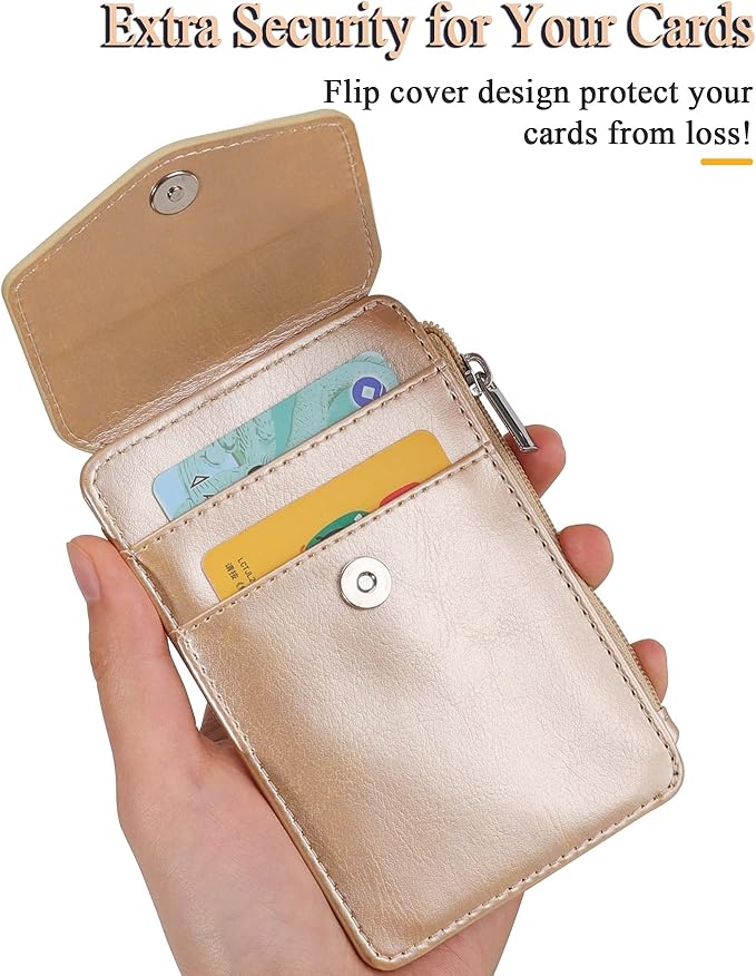 Teskyer Badge Holder with Side Zip Pocket, Multiple Card Slots Leather ID Holder Wallet with Neck Lanyard for Office Staffs, Teachers/Students, Couriers, Workers, Gold