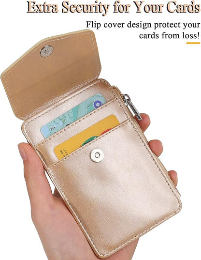 Teskyer Badge Holder with Side Zip Pocket, Multiple Card Slots Leather ID Holder Wallet with Neck Lanyard for Office Staffs, Teachers/Students, Couriers, Workers, Gold