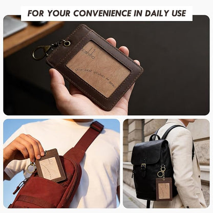 Badge Holder: Boshiho Cowhide Leather ID Card Badge Holder with Keychain Key Ring, Vertical Style (Dark Brown)