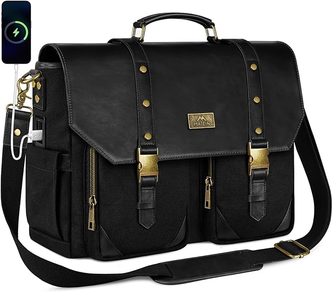 MATEIN Canvas Work Bag with USB Charging Port & RFID Blocking, 15.6 Inch Laptop Messenger Bag Vintage Briefcase for Men, Water Resistant Business Computer Satchel Crossbody for Commuting Travel, Black