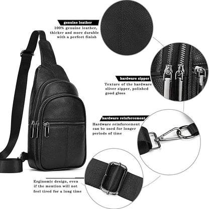 Genuine Leather Sling Bag Multi-pocket Chest Bag for Men Hiking Travel Daypack