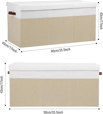 Gowee Extra Large Toy Storage Box with Lid, Sturdy Toys Storage Chest Bin Organizer Basket with Dividers for Kids, Boys, Girls, Nursery, Closet, Bedroom, Playroom 35.5"x17" x17" (Beige and White)