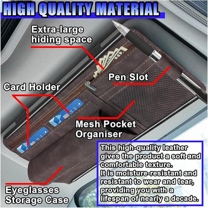 Car Sun Visor Organizer, Leather Multi-Pocket Glasses Card Holder with Zipper, Waterproof Scratch-Resistant Sunshade Storage Bag, Universal Auto Interior Accessory for Car/Truck/SUV (Brown)