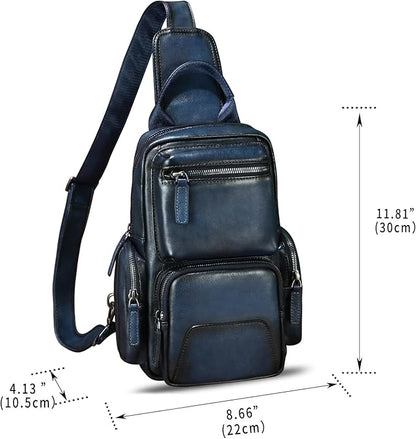 IVTG Genuine Leather Sling Bag Crossbody Casual Hiking Daypack Vintage Handmade Chest Bag Shoulder Backpack Motorcycle Pack (Blue)