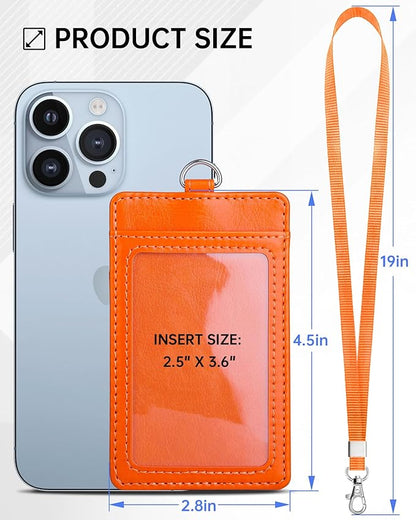 Teskyer Badge Holder with Lanyard, Leather ID Name Badge Card Holder with Lanyard for ID Badges, Vertical, Bright Orange