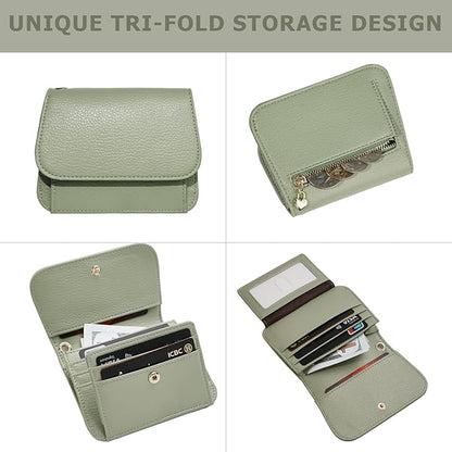 Women Small Wallet RFID Blocking Slim Wallet with Coin Pocket Tri-Fold Credit Card Holder with ID Window and Keychain(Light Green)
