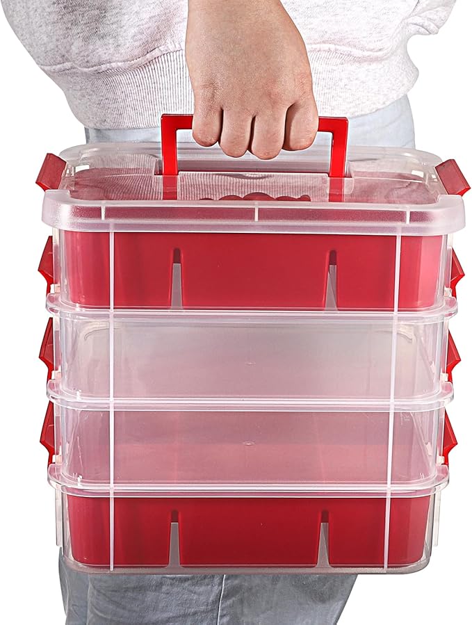 JUXYES 4-Tiers Stack Carry Storage Box With 2 Divided Tray, Transparent Stackable Storage Bin With Handle Lid Latching Storage Container for School & Office Supplies, Red