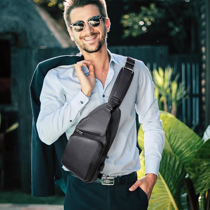 Seoky Rop Men Leather Sling Bag Purse Waterproof Crossbody Chest Bag Sling Backpack with USB Charging Port One Shoulder Bag Black